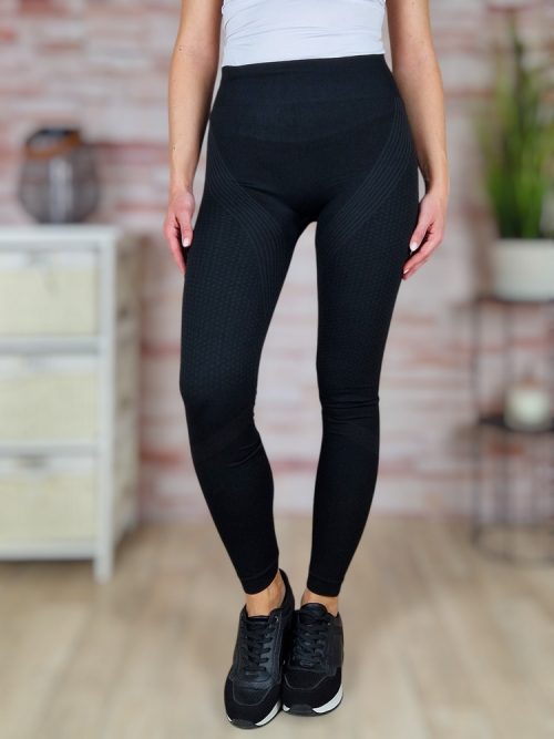 Magas és gumis derekú, anyagában mintás, fekete leggings S-M-L