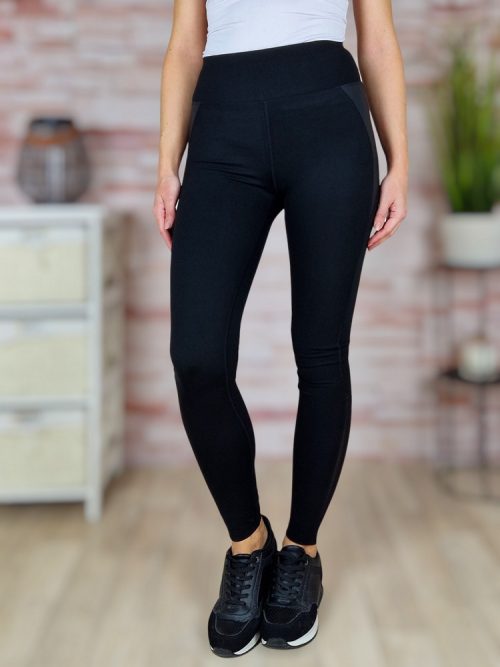 Magas és gumis derekú, műbőr betétes fekete leggings S-M,M-L,L-XL