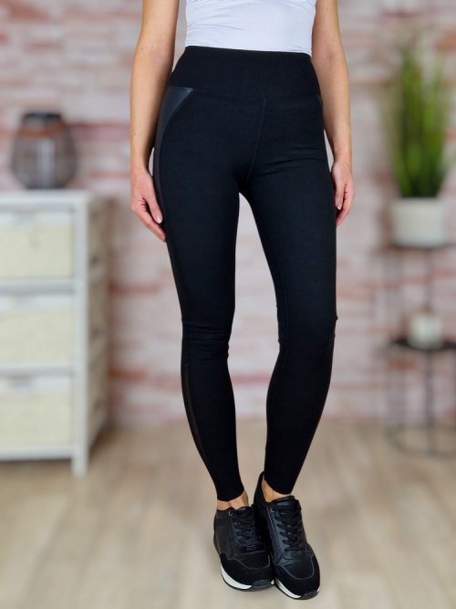Magas és gumis derekú, műbőr betétes fekete leggings S-M,M-L,L-XL