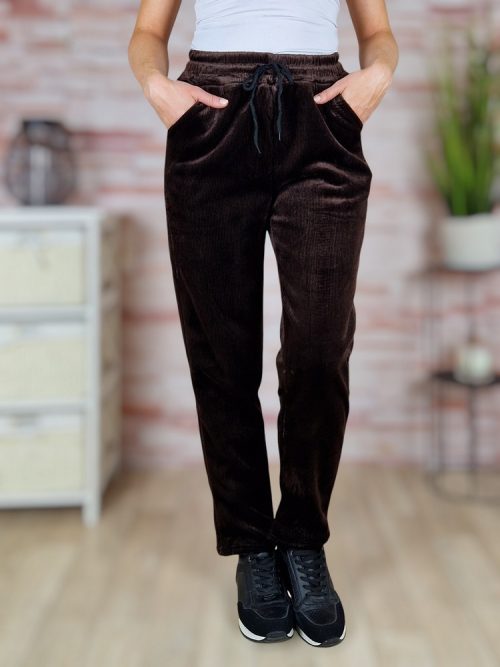 Bársonyos és vastag anyagú, gumis derekú, csokibarna nadrág S-M,L-XL,XL-XXL