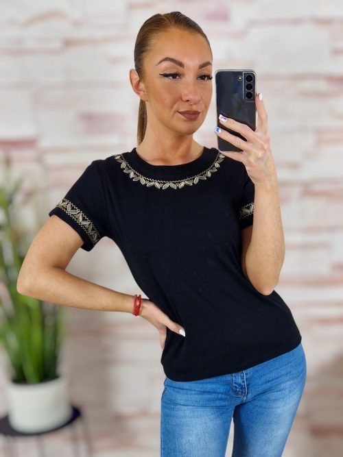 Hímzett díszítésű, rövid ujjú, pamut poló S-M,M-L