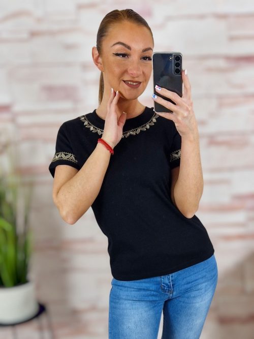 Hímzett díszítésű, rövid ujjú, pamut poló S-M,M-L