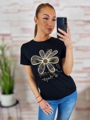 Virágmintás, strasszos, rövid ujjú poló S-M,M-L