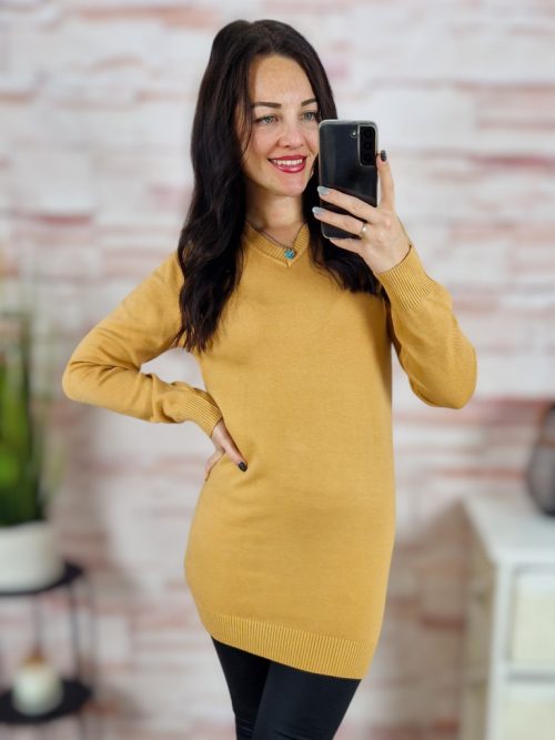 Passzés aljú és ujjú, v nyakú, gépi kötött anyagú tunika S-M-L