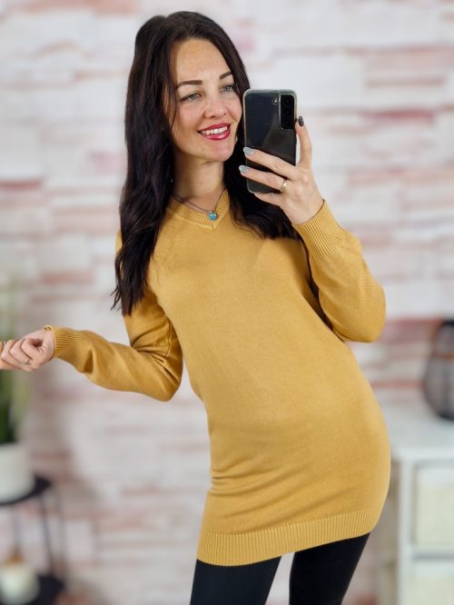 Passzés aljú és ujjú, v nyakú, gépi kötött anyagú tunika S-M-L