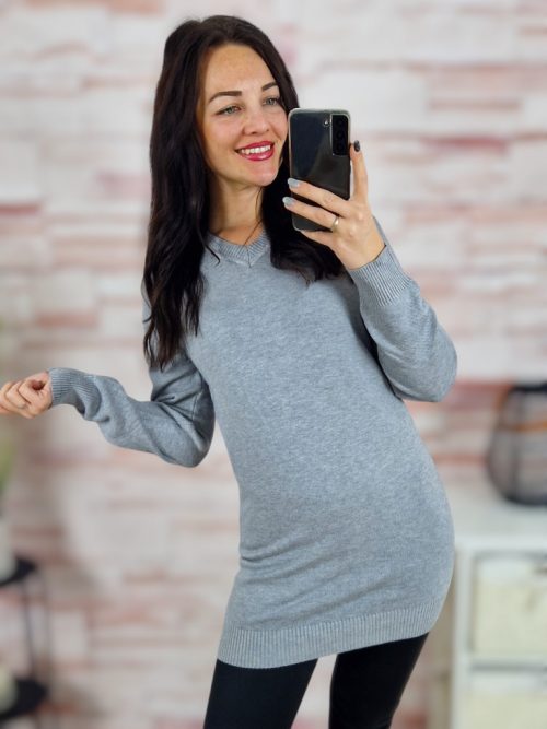 Passzés aljú és ujjú, v nyakú, gépi kötött anyagú tunika S-M-L