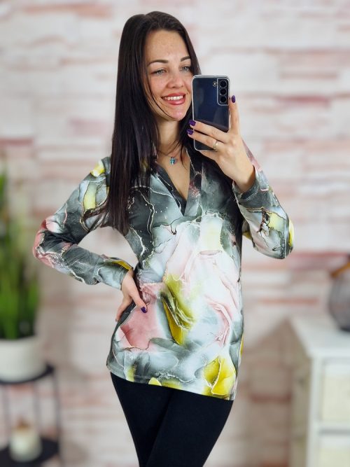 V kivágású, aranyozott mintás, hosszú ujjú felső S-M